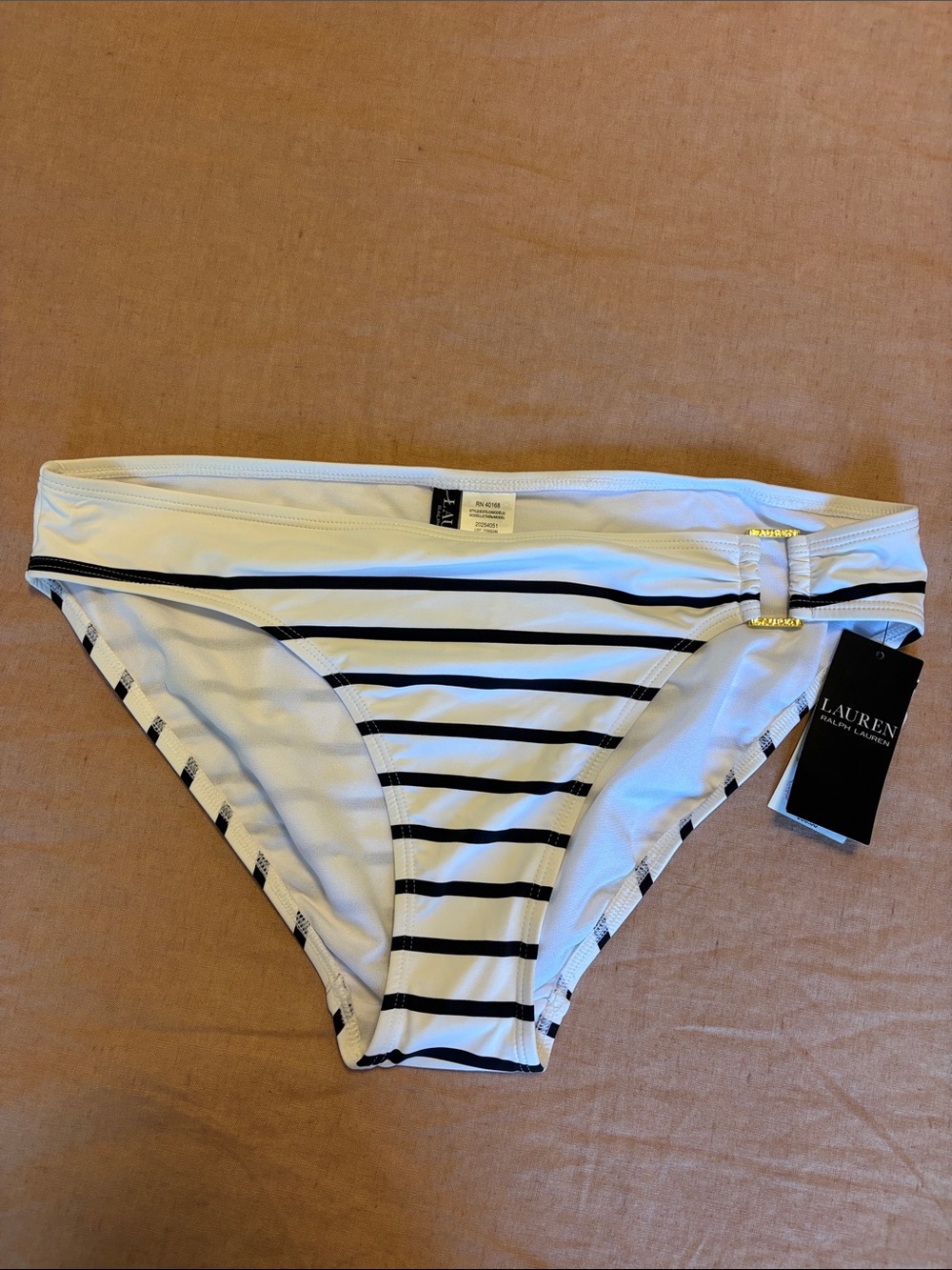NWT Lauren Ralph Lauren White and Black Striped Swim Bikini Bottom Size 14